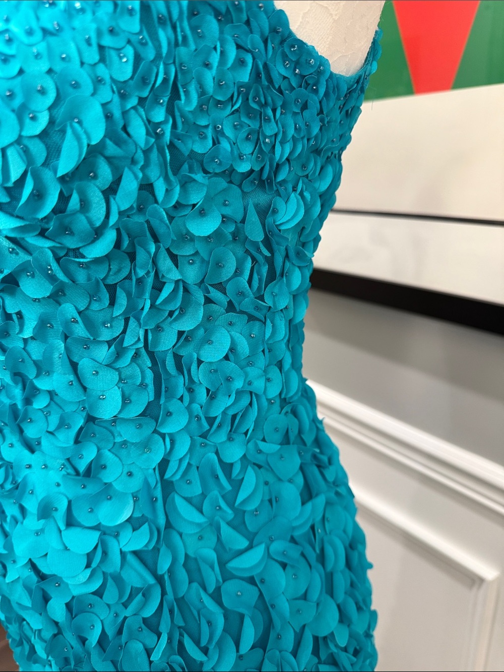 THEIA Turquoise Blue Petal Applique Sleeveless Cocktail Dress Size 0 - Picture 7 of 15